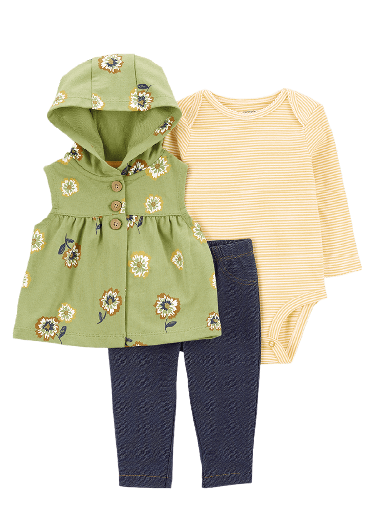 Conjunto 3 Piezas Chaleco Verde Florecitas