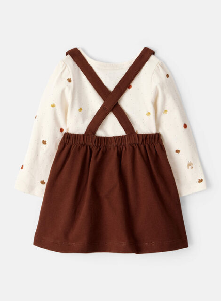 CONJUNTO VESTIDO 3 PIEZAS JARDINERA CAFE CON DIADEMA