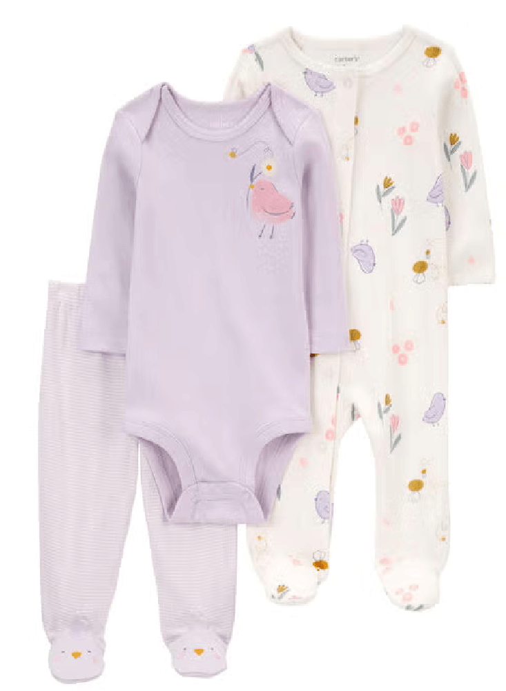 CONJUNTO 3 PIEZAS POLLITO LILA