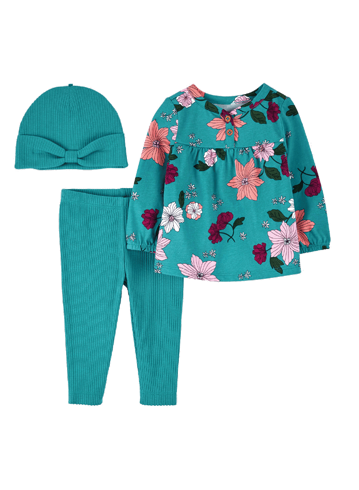 Conjunto 3 Piezas Flores, Pantalón y Gorro