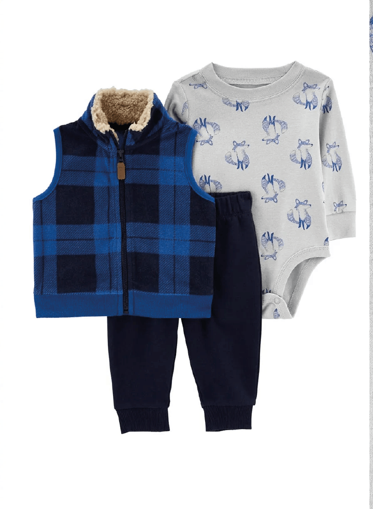 Conjunto 3 Piezas Chaleco Sherpa Cuadros Zorritos Azules