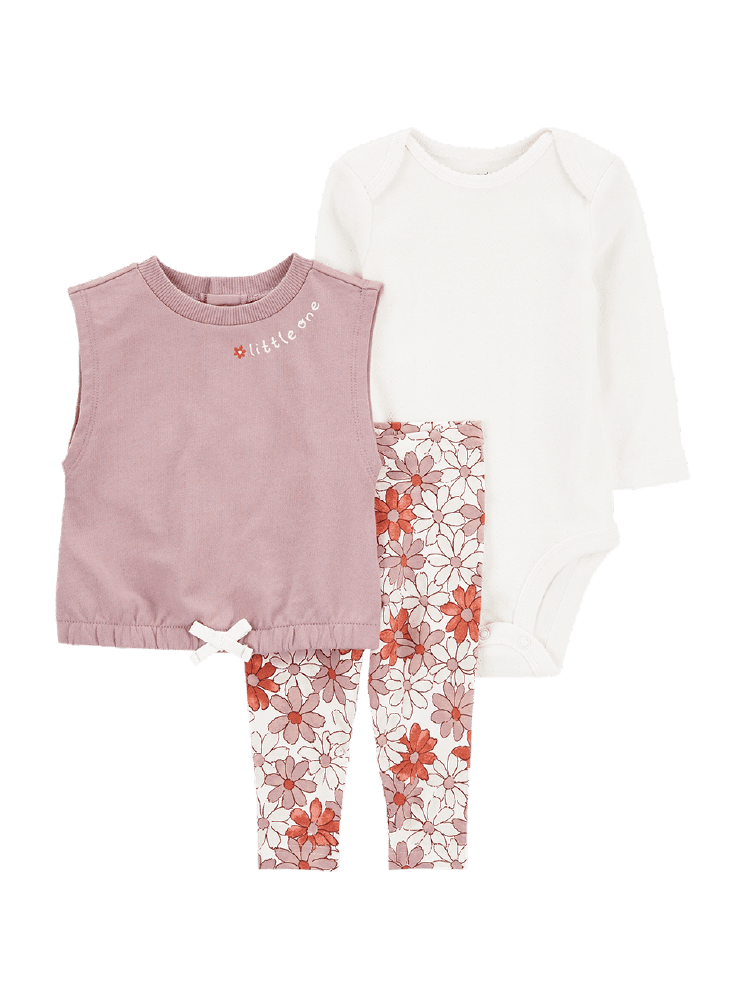 Conjunto 3 Piezas Chaleco Rosado, Body Blanco y Pantalón