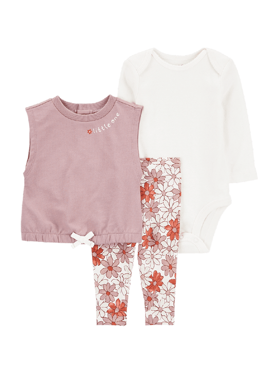 Conjunto 3 Piezas Chaleco Rosado, Body Blanco y Pantalón