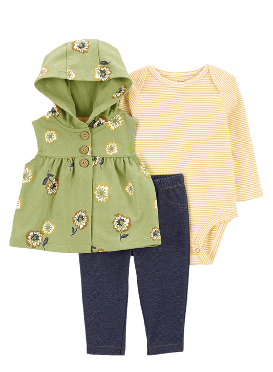Conjunto 3 Piezas Chaleco Verde Florecitas