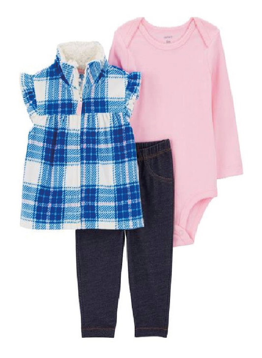Conjunto 3 Piezas con Chaleco Cuadros Azules