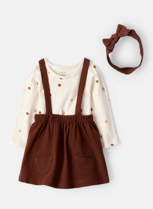 CONJUNTO VESTIDO 3 PIEZAS JARDINERA CAFE CON DIADEMA