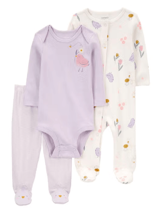 CONJUNTO 3 PIEZAS POLLITO LILA