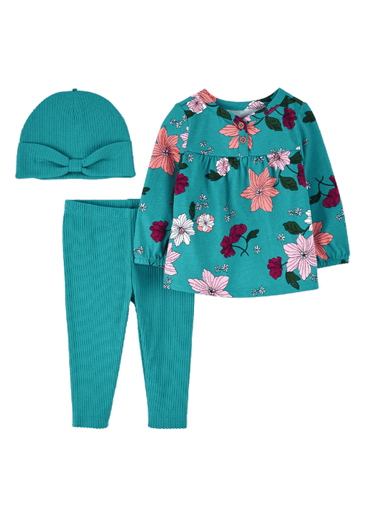 Conjunto 3 Piezas Flores, Pantalón y Gorro