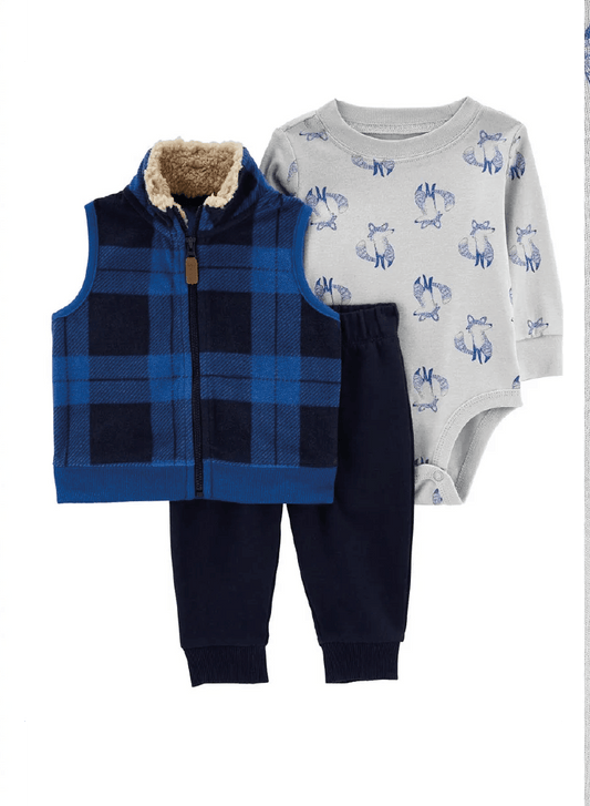 Conjunto 3 Piezas Chaleco Sherpa Cuadros Zorritos Azules